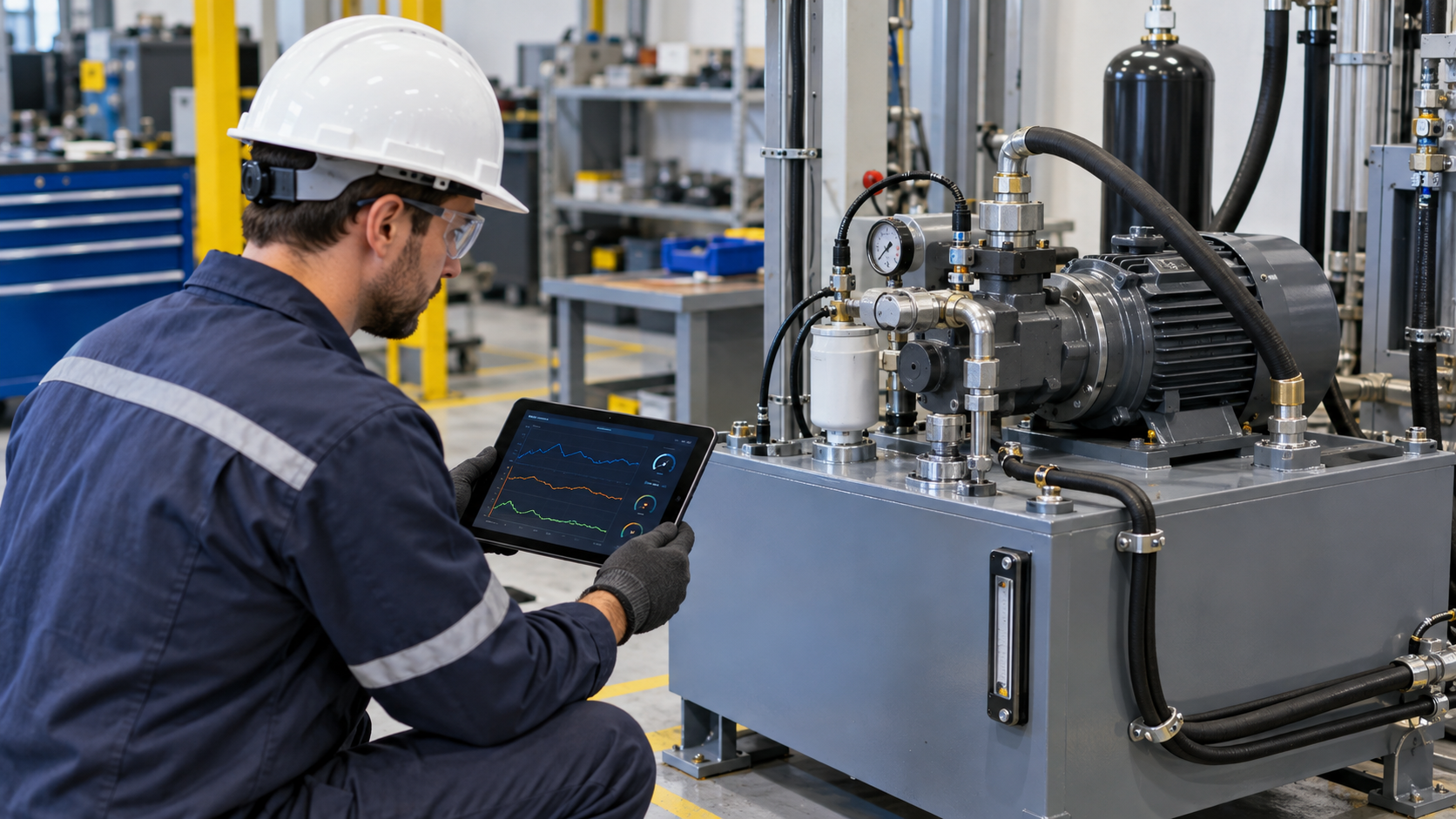 Maintenance technician reviewing hydraulic pressure, temperature, and vibration trends beside a hydraulic power unit
