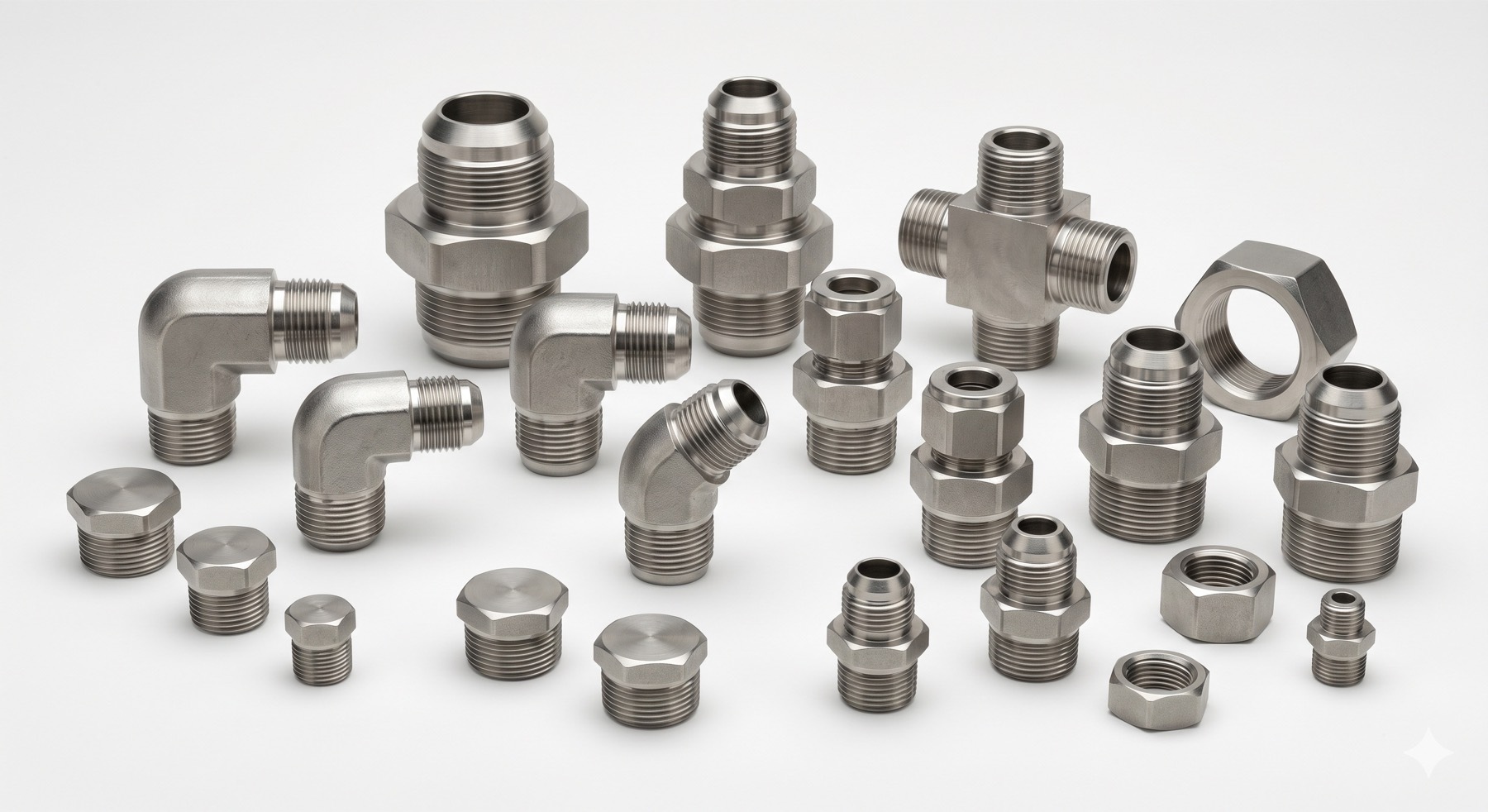 Hydraulic tube fittings, adapters, plugs, and nuts arranged on a white background