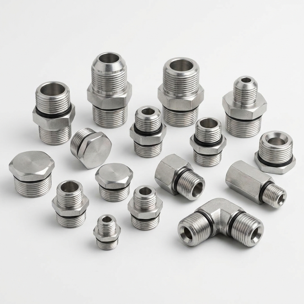 ORFS face seal hydraulic fittings and adapters arranged on a clean white workbench